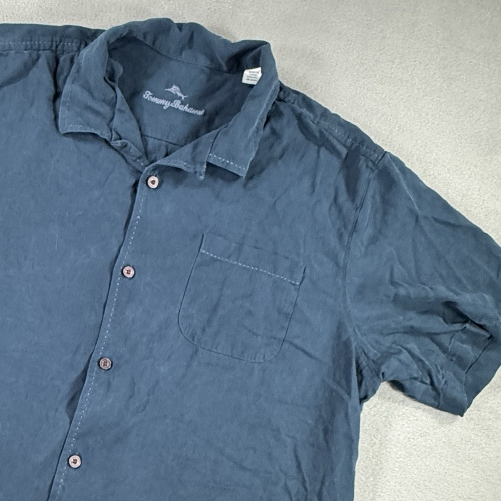 Tommy Bahama Sportsman 100% Silk Tropical Button Up Shirt 2XL Navy Blue Mens